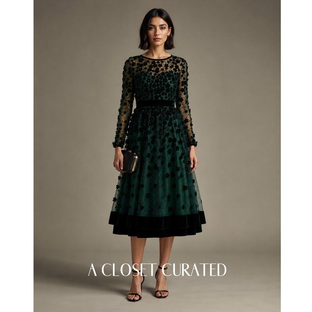 Mac Duggal Embellished Long Sleeve Velvet Trim Midi Dress 2 Green NWT  67854